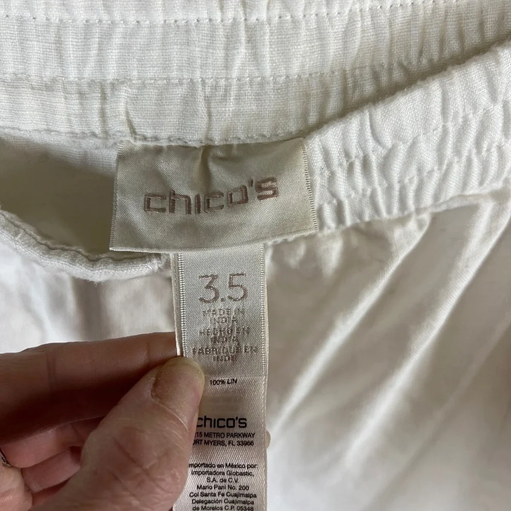 Chicos White 100% Linen Elastic Waist Straight Leg‎ Pants Womens Size 3.5 XL 18